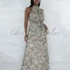 Vendor-unknown JUST IN Uriana Leopard Print Pleated Luxe Halter Maxi Dress