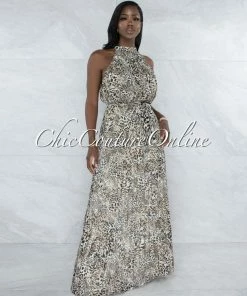 Vendor-unknown JUST IN Uriana Leopard Print Pleated Luxe Halter Maxi Dress