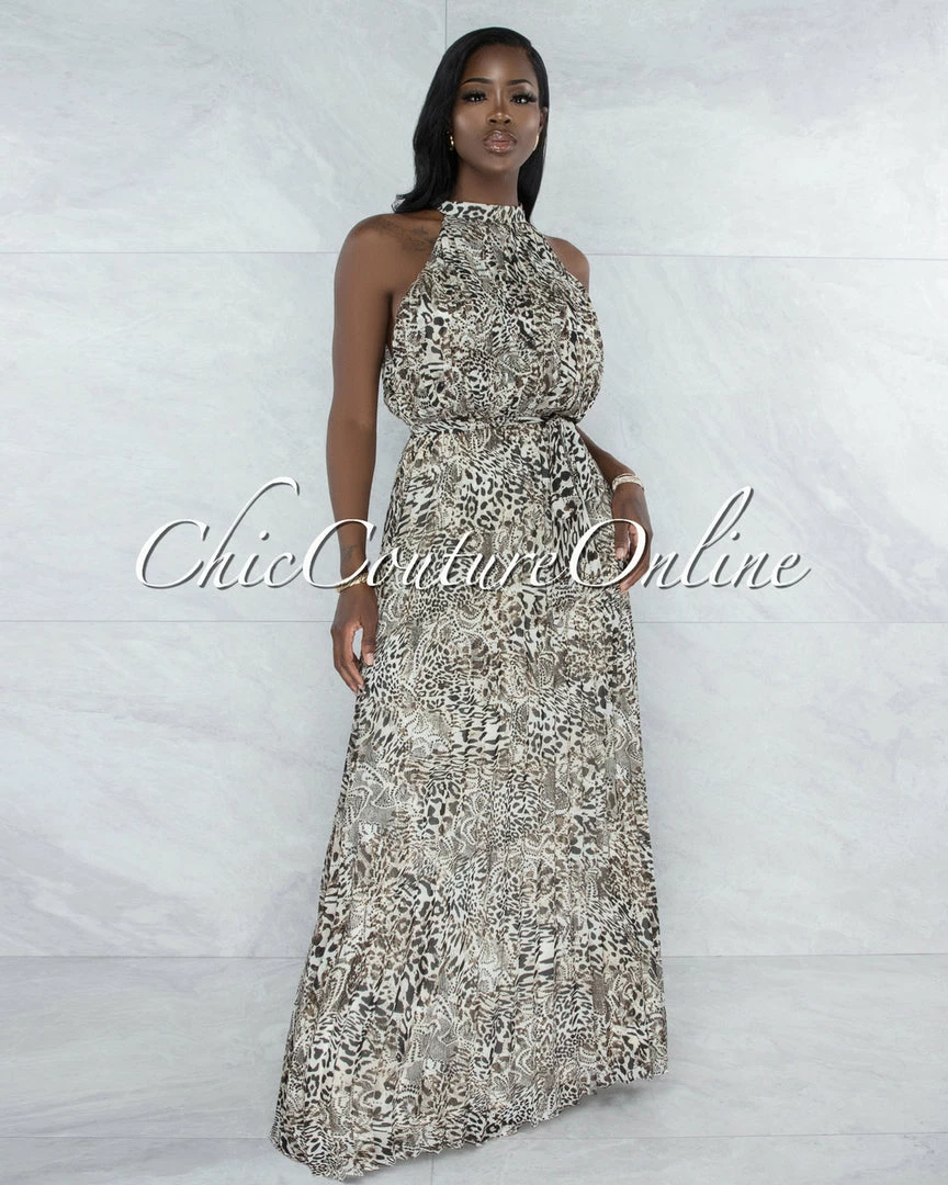 Vendor-unknown JUST IN Uriana Leopard Print Pleated Luxe Halter Maxi Dress