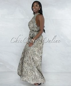 Vendor-unknown JUST IN Uriana Leopard Print Pleated Luxe Halter Maxi Dress