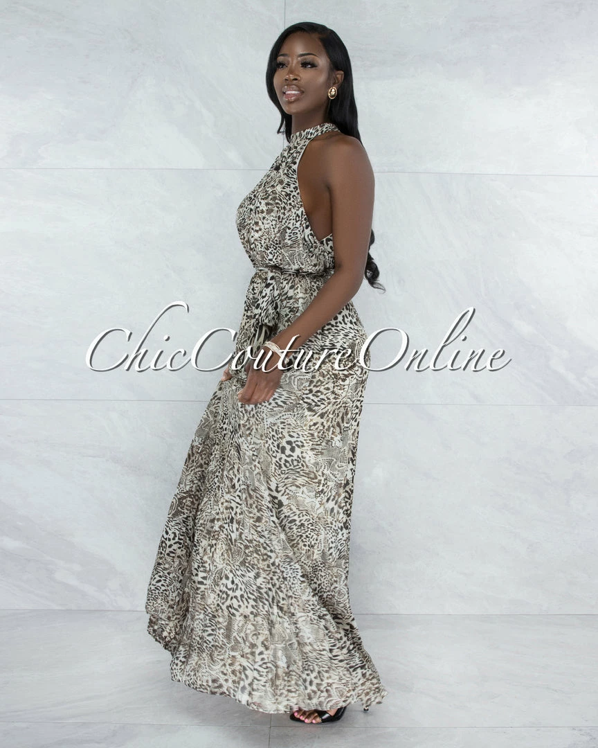 Vendor-unknown JUST IN Uriana Leopard Print Pleated Luxe Halter Maxi Dress