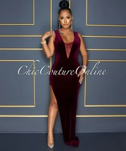 Vendor-unknown Cecilie Wine Red Velvet Lace Side Slit Maxi Dress