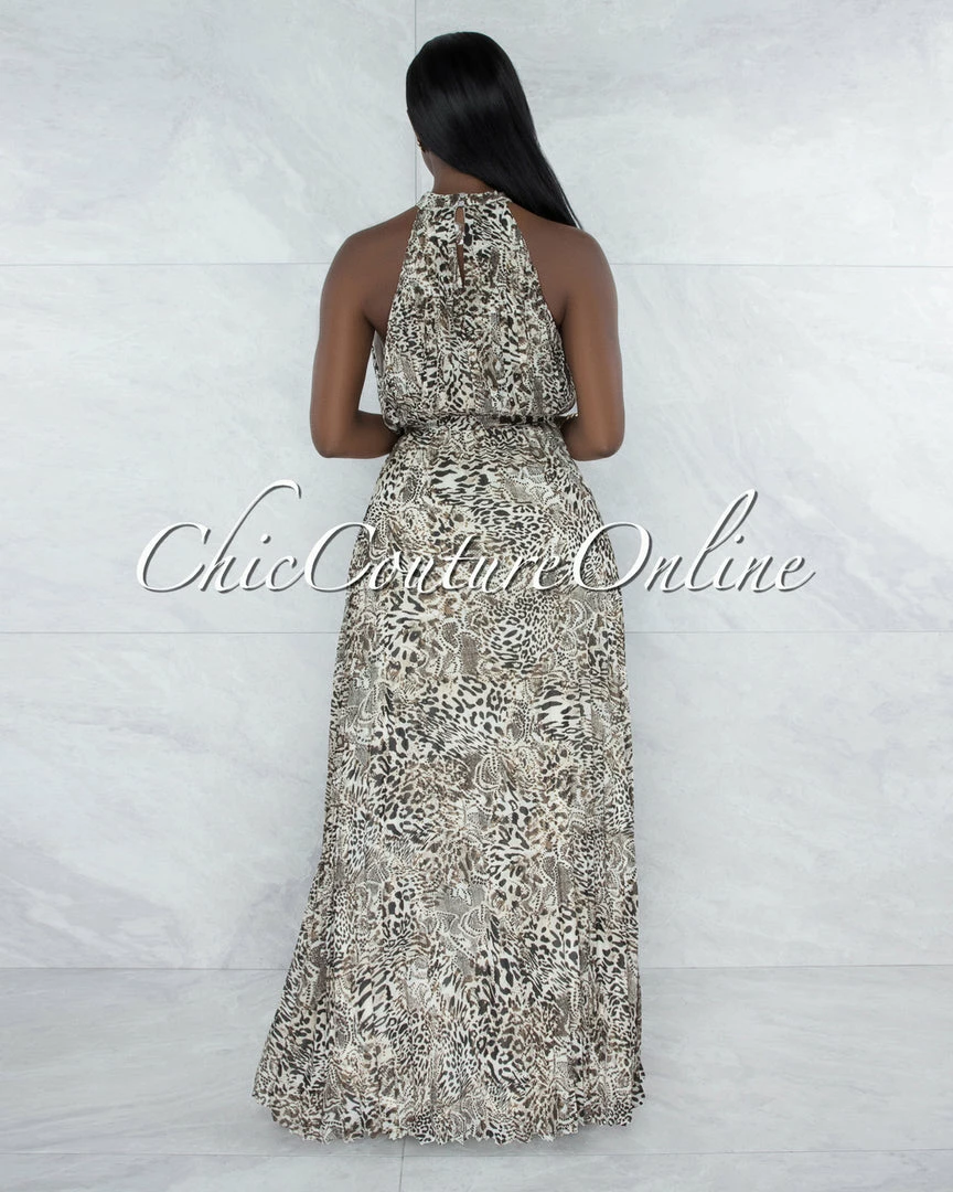 Vendor-unknown JUST IN Uriana Leopard Print Pleated Luxe Halter Maxi Dress