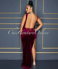 Vendor-unknown Cecilie Wine Red Velvet Lace Side Slit Maxi Dress