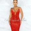 Vendor-unknown JUST IN Aphria Red Sequins Mesh Lace Bust Wire Midi Dress