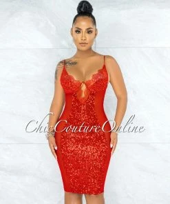 Vendor-unknown JUST IN Aphria Red Sequins Mesh Lace Bust Wire Midi Dress