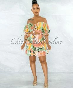 Vendor-unknown Cullen Salmon Green Floral Print Smocked Front Tie Dress JUST IN