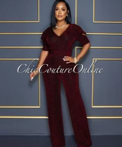 Vendor-unknown CELEBRITY CO Venus Black Red Shimmer Ruffle Sleeves Belted Jumpsuit