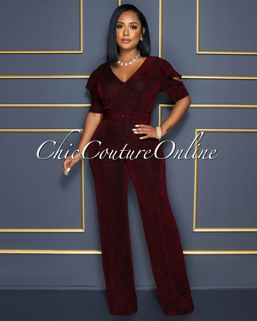 Vendor-unknown CELEBRITY CO Venus Black Red Shimmer Ruffle Sleeves Belted Jumpsuit