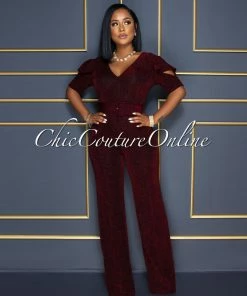 Vendor-unknown CELEBRITY CO Venus Black Red Shimmer Ruffle Sleeves Belted Jumpsuit