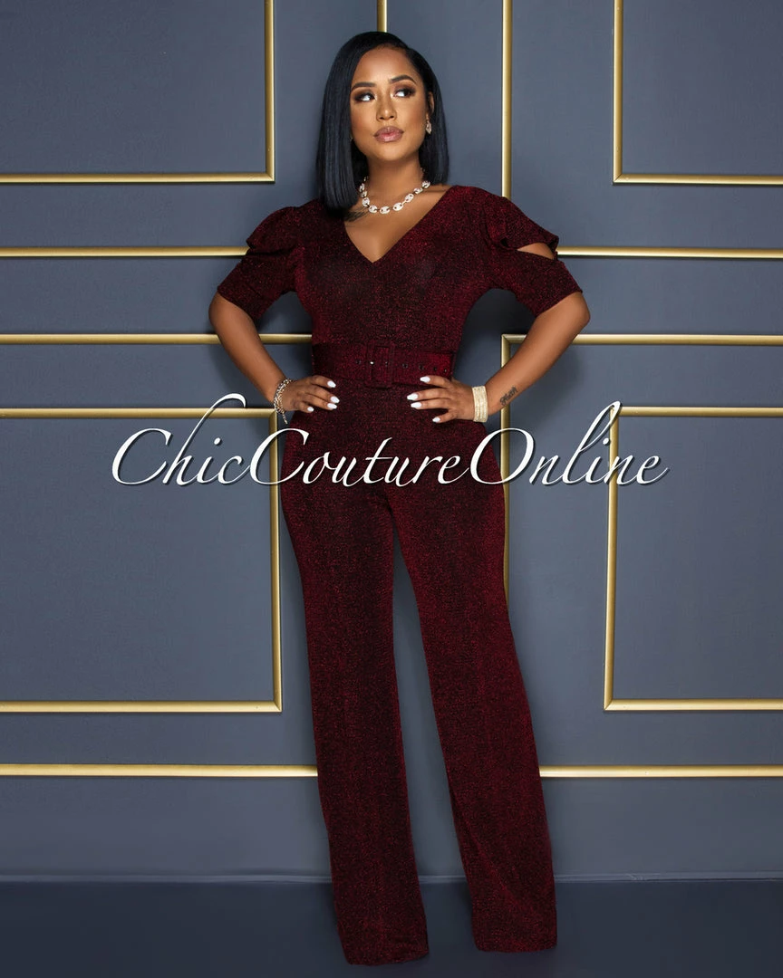 Vendor-unknown CELEBRITY CO Venus Black Red Shimmer Ruffle Sleeves Belted Jumpsuit