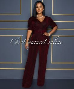 Vendor-unknown CELEBRITY CO Venus Black Red Shimmer Ruffle Sleeves Belted Jumpsuit