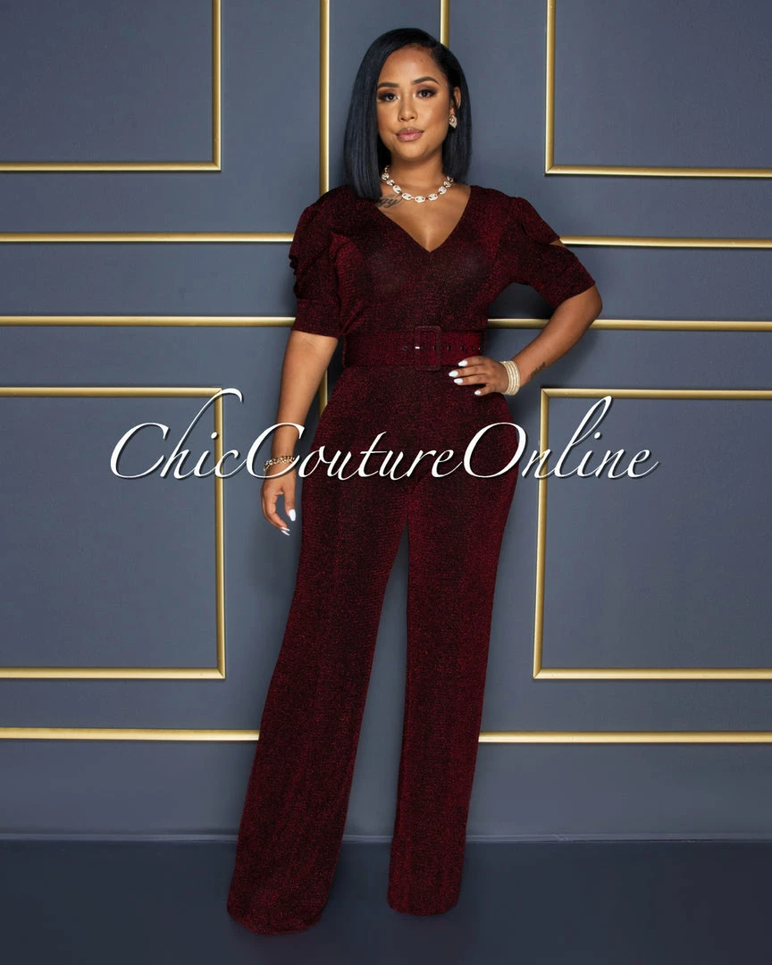 Vendor-unknown CELEBRITY CO Venus Black Red Shimmer Ruffle Sleeves Belted Jumpsuit