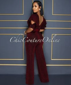 Vendor-unknown CELEBRITY CO Venus Black Red Shimmer Ruffle Sleeves Belted Jumpsuit