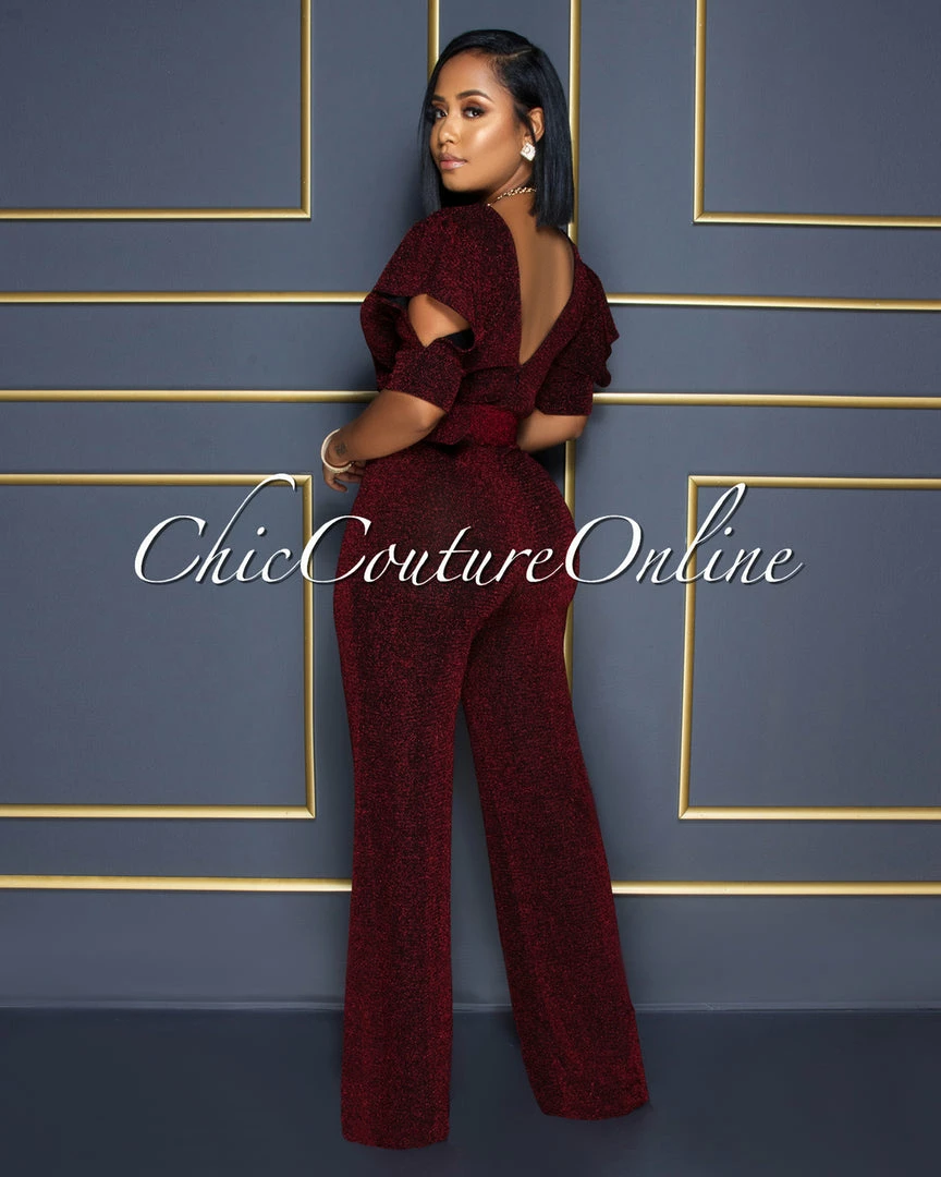 Vendor-unknown CELEBRITY CO Venus Black Red Shimmer Ruffle Sleeves Belted Jumpsuit