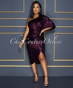 Vendor-unknown CELEBRITY CO Trisna Fuchsia Black Sequins Single Shoulder Midi Dress