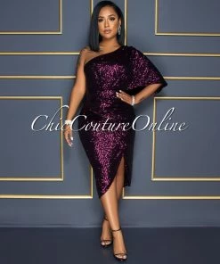 Vendor-unknown CELEBRITY CO Trisna Fuchsia Black Sequins Single Shoulder Midi Dress