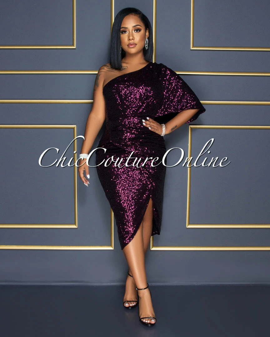 Vendor-unknown CELEBRITY CO Trisna Fuchsia Black Sequins Single Shoulder Midi Dress