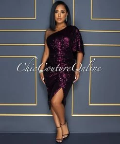 Vendor-unknown CELEBRITY CO Trisna Fuchsia Black Sequins Single Shoulder Midi Dress