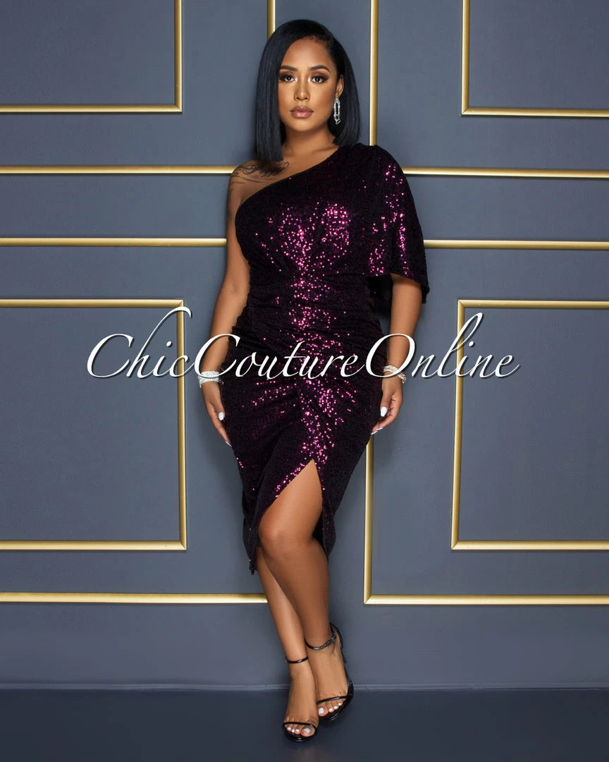 Vendor-unknown CELEBRITY CO Trisna Fuchsia Black Sequins Single Shoulder Midi Dress