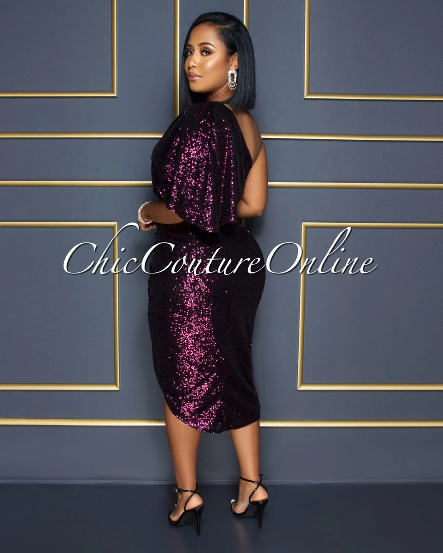 Vendor-unknown CELEBRITY CO Trisna Fuchsia Black Sequins Single Shoulder Midi Dress