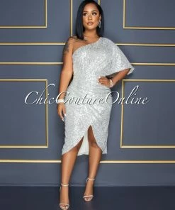 Vendor-unknown CELEBRITY CO Trisna Champagne Silver Sequins Single Shoulder Midi Dress