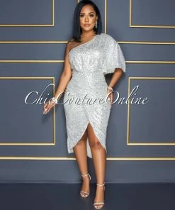 Vendor-unknown CELEBRITY CO Trisna Champagne Silver Sequins Single Shoulder Midi Dress