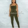 Vendor-unknown Shabnan Olive Black Zipper Top & Leggings Ribbed Set