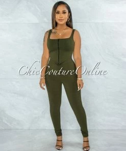 Vendor-unknown Shabnan Olive Black Zipper Top & Leggings Ribbed Set