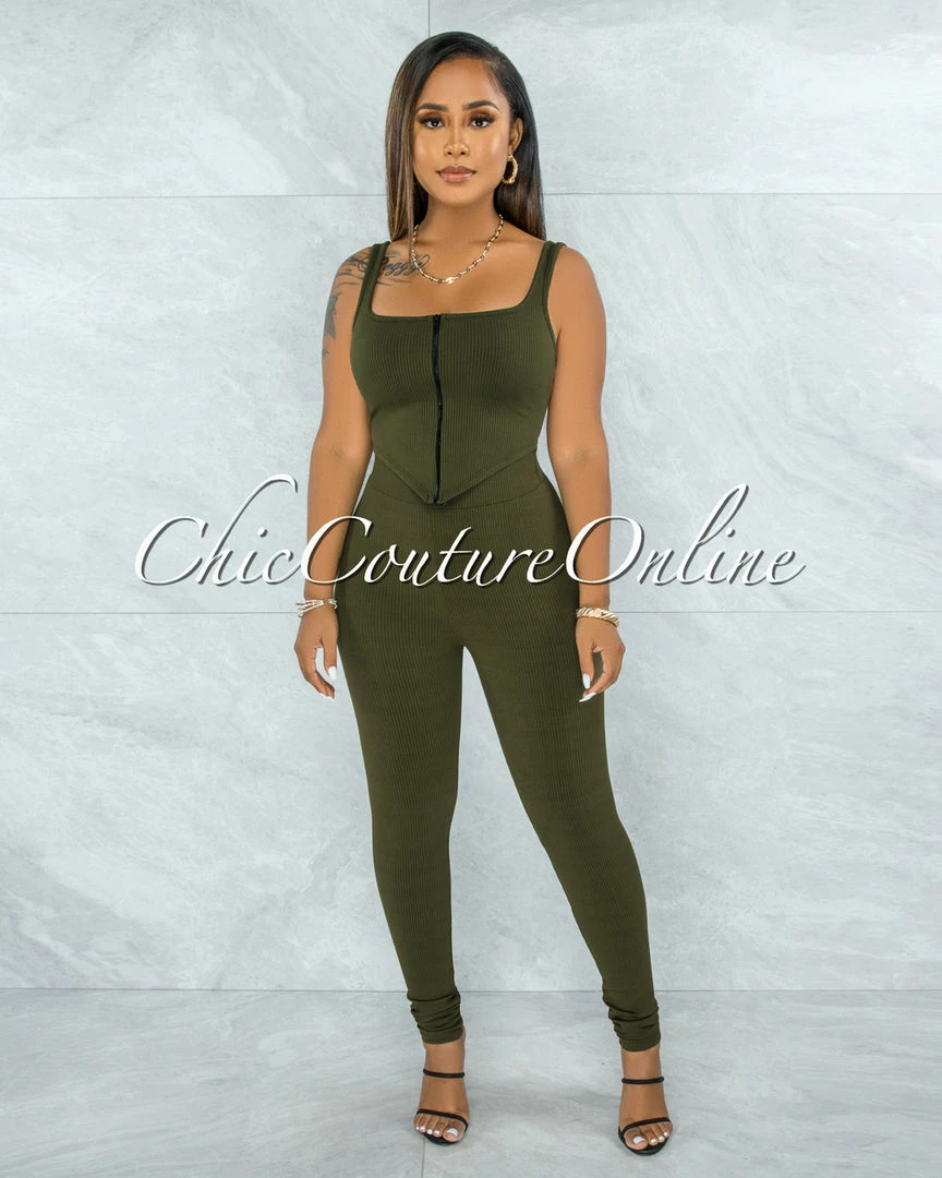 Vendor-unknown Shabnan Olive Black Zipper Top & Leggings Ribbed Set