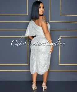 Vendor-unknown CELEBRITY CO Trisna Champagne Silver Sequins Single Shoulder Midi Dress