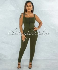 Vendor-unknown Shabnan Olive Black Zipper Top & Leggings Ribbed Set