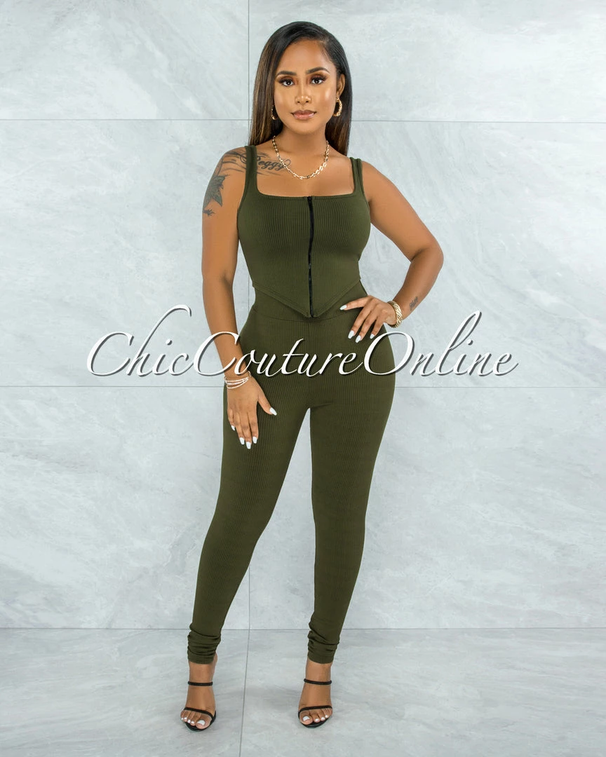 Vendor-unknown Shabnan Olive Black Zipper Top & Leggings Ribbed Set