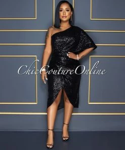 Vendor-unknown CELEBRITY CO Trisna Black Sequins Single Shoulder Midi Dress