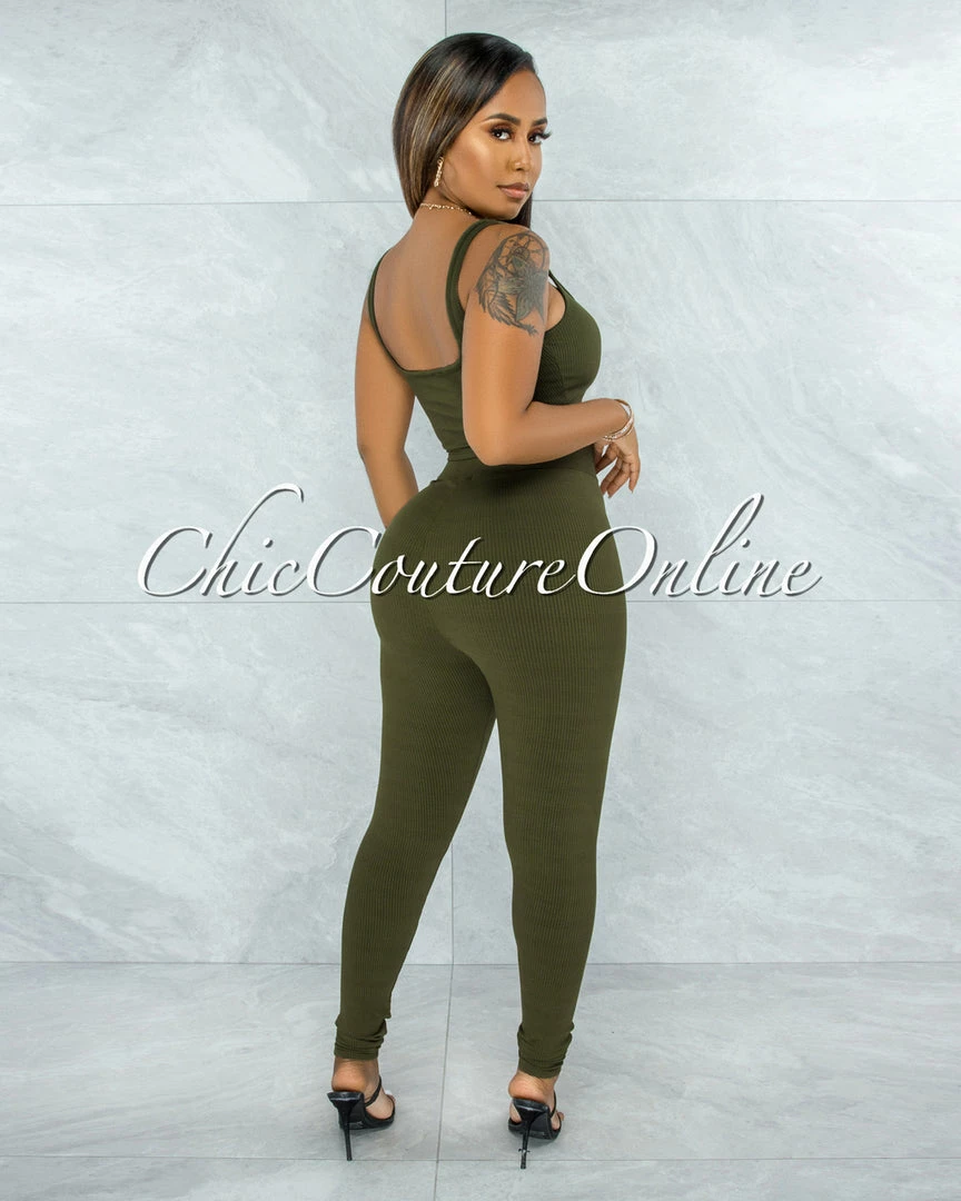 Vendor-unknown Shabnan Olive Black Zipper Top & Leggings Ribbed Set