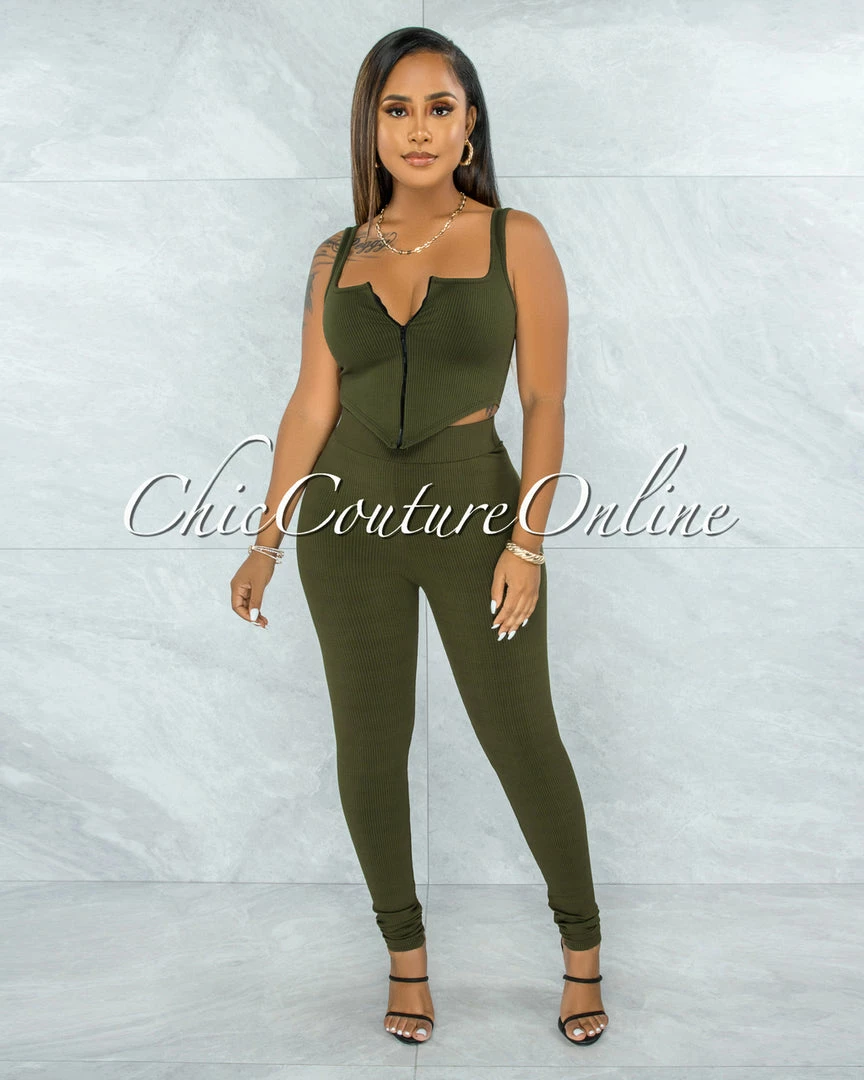 Vendor-unknown Shabnan Olive Black Zipper Top & Leggings Ribbed Set