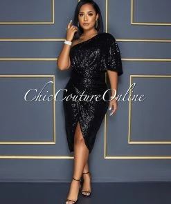 Vendor-unknown CELEBRITY CO Trisna Black Sequins Single Shoulder Midi Dress