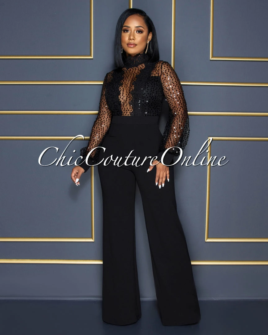Vendor-unknown JUST IN Nigelia Black Net Sequins Crochet Top Jumpsuit