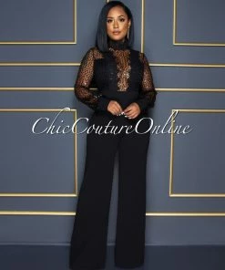 Vendor-unknown JUST IN Nigelia Black Net Sequins Crochet Top Jumpsuit