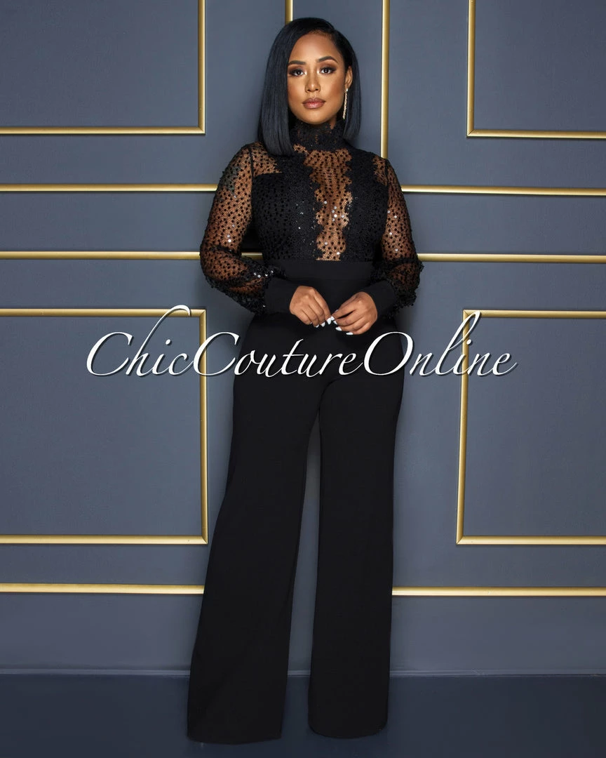 Vendor-unknown JUST IN Nigelia Black Net Sequins Crochet Top Jumpsuit