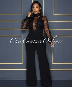 Vendor-unknown JUST IN Nigelia Black Net Sequins Crochet Top Jumpsuit