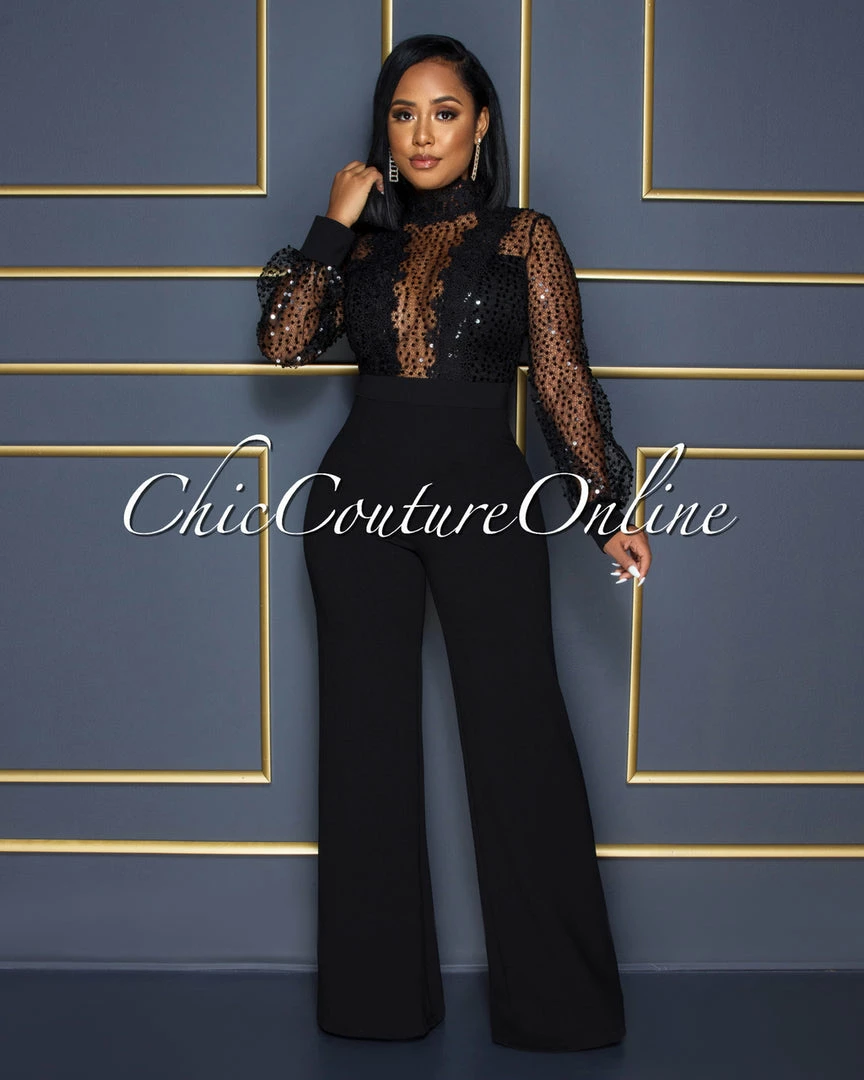 Vendor-unknown JUST IN Nigelia Black Net Sequins Crochet Top Jumpsuit