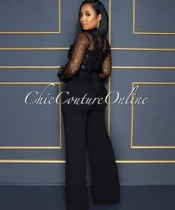 Vendor-unknown JUST IN Nigelia Black Net Sequins Crochet Top Jumpsuit