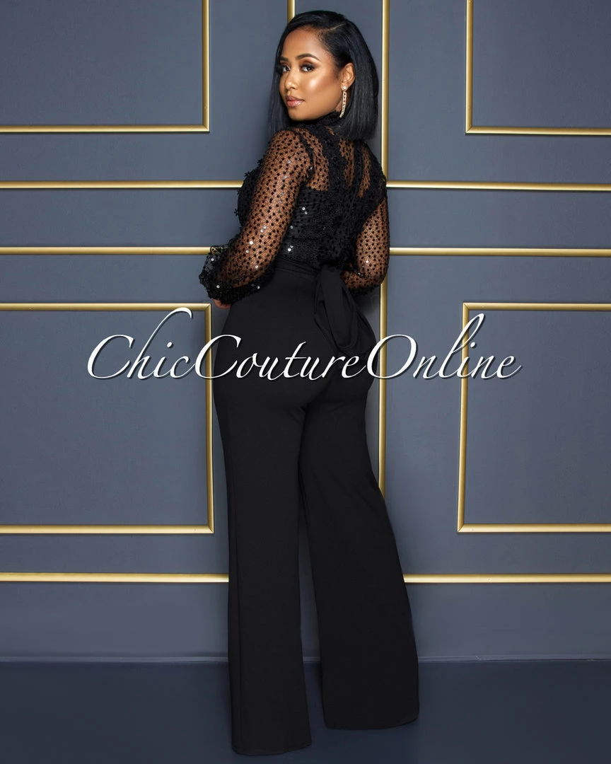 Vendor-unknown JUST IN Nigelia Black Net Sequins Crochet Top Jumpsuit