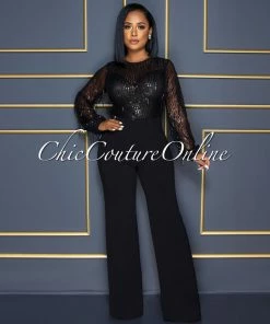 Vendor-unknown CELEBRITY CO Alfieri Black Mesh Sequins Fringe Top Jumpsuit