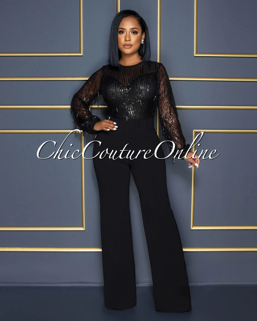 Vendor-unknown CELEBRITY CO Alfieri Black Mesh Sequins Fringe Top Jumpsuit