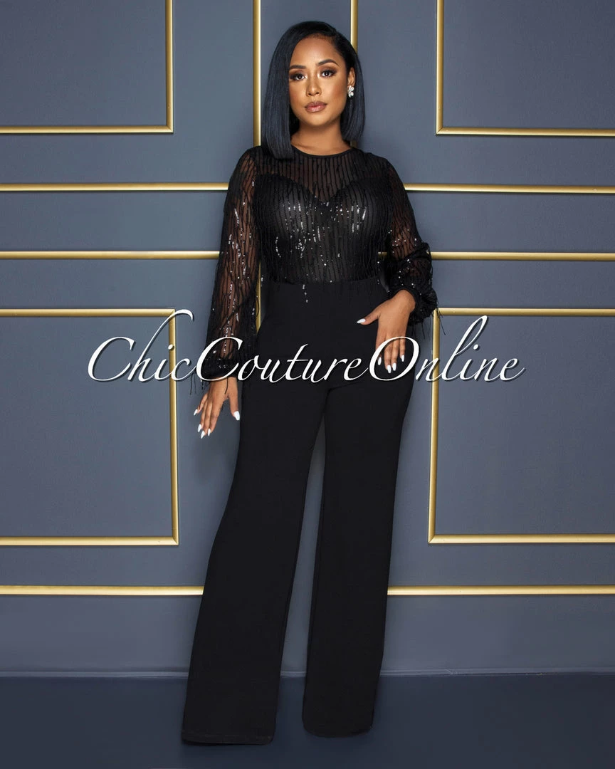 Vendor-unknown CELEBRITY CO Alfieri Black Mesh Sequins Fringe Top Jumpsuit