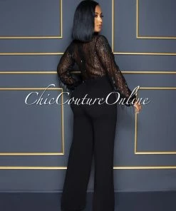 Vendor-unknown CELEBRITY CO Alfieri Black Mesh Sequins Fringe Top Jumpsuit