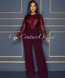 Vendor-unknown Alfieri Wine Red Mesh Sequins Fringe Top Jumpsuit