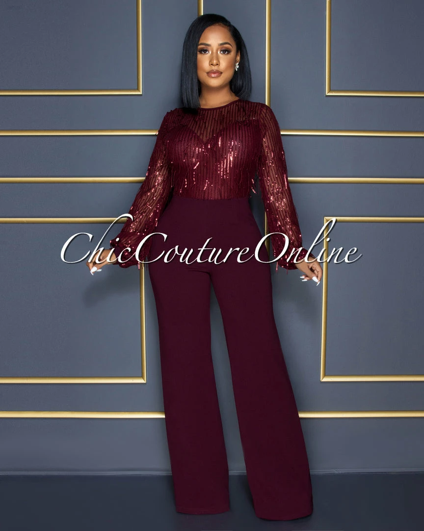 Vendor-unknown Alfieri Wine Red Mesh Sequins Fringe Top Jumpsuit